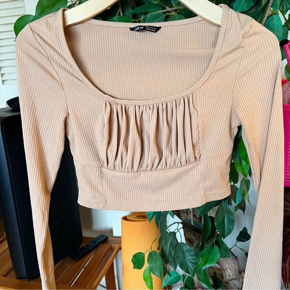 SHEIN Tan Ruched Crop Blouse Long Sleeve